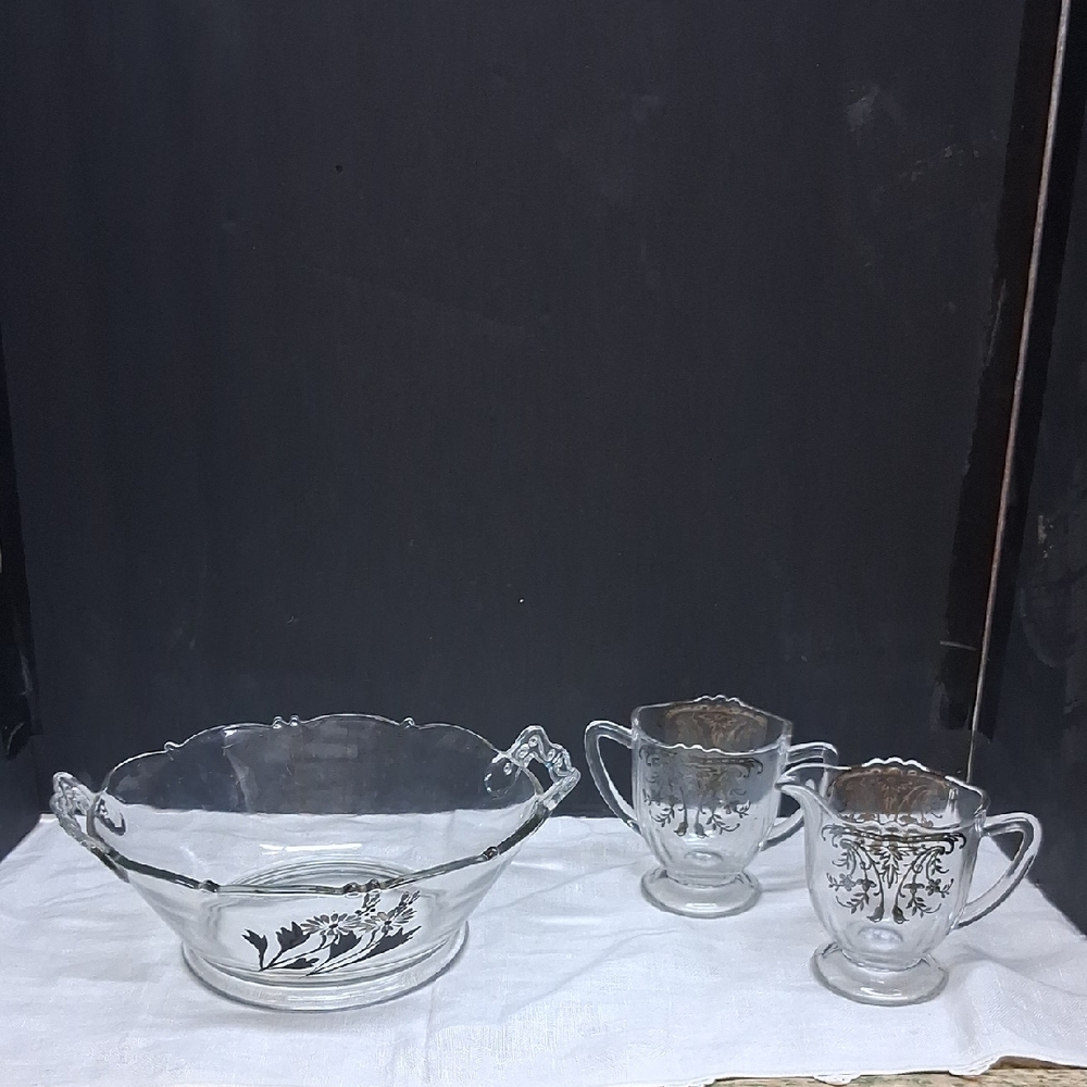 Vtg. Flanders Black & silver overlay "Poppy" 8" serving bowl & sugar creamer